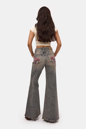 Kadın T.Kot Rengi 4w6-85 Flare Fit Nakış Tasarım Denim Jean