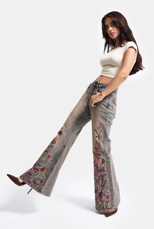 Kadın T.Kot Rengi 4w6-85 Flare Fit Nakış Tasarım Denim Jean