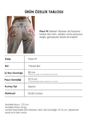 Kadın T.Kot Rengi 4w6-85 Flare Fit Nakış Tasarım Denim Jean