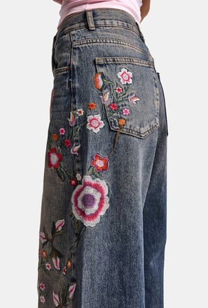 Kadın Kot Rengi 4w6-85 Palazzo Fit Renkli Nakış Özel Tasarım Denim Jean