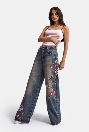 Kadın Kot Rengi 4w6-85 Palazzo Fit Renkli Nakış Özel Tasarım Denim Jean
