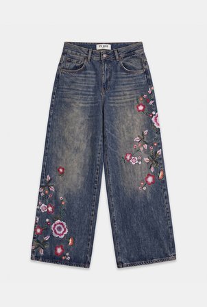 Kadın Kot Rengi 4w6-85 Palazzo Fit Renkli Nakış Özel Tasarım Denim Jean