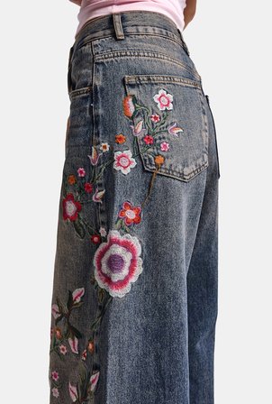 Kadın Kot Rengi 4w6-85 Palazzo Fit Renkli Nakış Özel Tasarım Denim Jean