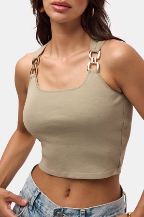 Kadın Haki s6-106 Aksesuar Detaylı Crop Bluz