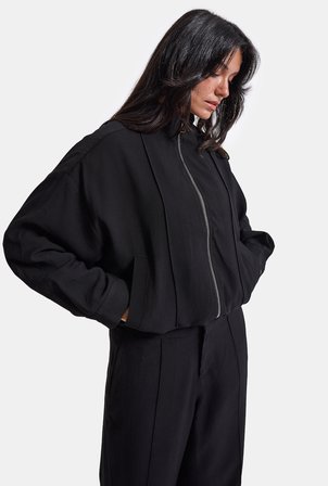 Kadın Siyah w6-1 Oversize Belden Ayarlanmalı Özel Viskon Pamuk Kumaş Ceket