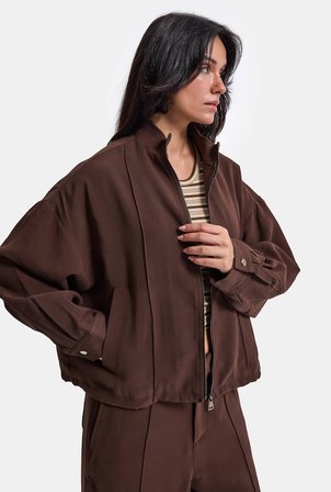 Kadın Kahverengi w6-16 Oversize Belden Ayarlanmalı Özel Viskon Pamuk Kumaş Ceket