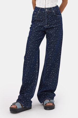 Kadın Mavi 1w6-7 Wide Leg Puantiyeli Denim Jean