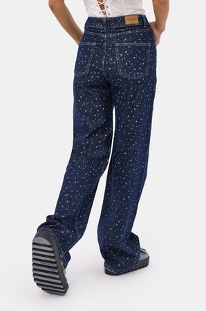Kadın Mavi 1w6-7 Wide Leg Puantiyeli Denim Jean