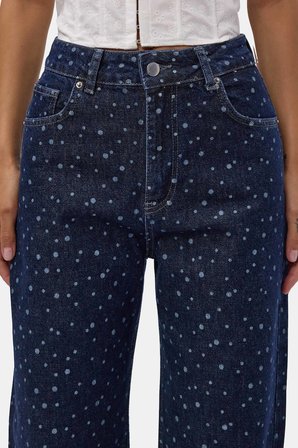 Kadın Mavi 1w6-7 Wide Leg Puantiyeli Denim Jean