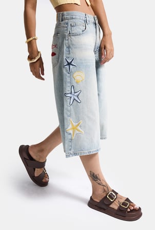 Kadın Kot Rengi 4s6-32 Palazzo Nakış Tasarım Bermuda Denim Jort