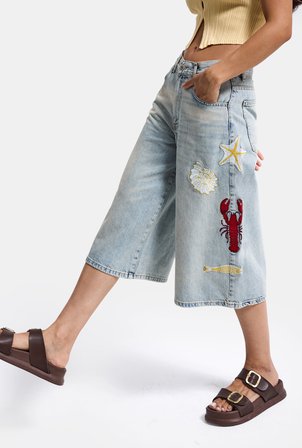 Kadın Kot Rengi 4s6-32 Palazzo Nakış Tasarım Bermuda Denim Jort