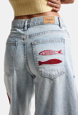 Kadın Kot Rengi 4s6-32 Palazzo Nakış Tasarım Bermuda Denim Jort