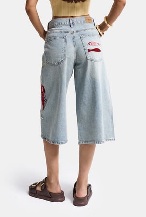 Kadın Kot Rengi 4s6-32 Palazzo Nakış Tasarım Bermuda Denim Jort
