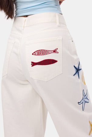 Kadın Kırık Beyaz 7s6-101 Palazzo Nakış Tasarım Bermuda Denim Jort