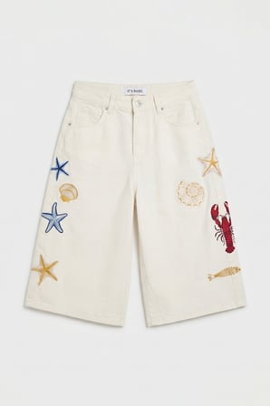 Kadın Kırık Beyaz 7s6-101 Palazzo Nakış Tasarım Bermuda Denim Jort