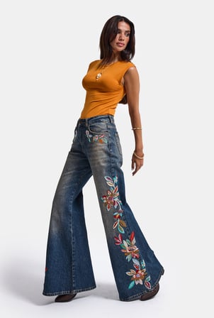 Kadın Kot Rengi 2w6-8 Flare Fit Nakış Detaylı Komfort Kumaş Özel Tasarım Denim Jean