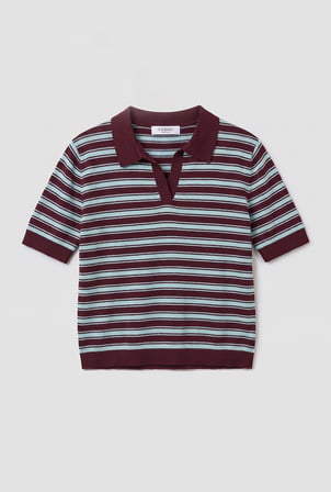Kadın Bordo Çizgili w6-35 Oversize Polo Yaka Triko