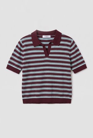 Kadın Bordo Çizgili w6-35 Oversize Polo Yaka Triko