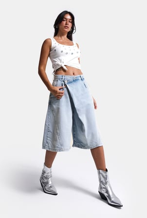 Kadın Kot Rengi 4s6-3 Süper Baggy Fit Maxi Bermuda Tasarım Denim Jort