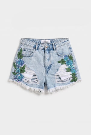 Kadın Kot Rengi 11s6-3 Özel Taş ve Nakış Detaylı Mini Boy Denim Şort