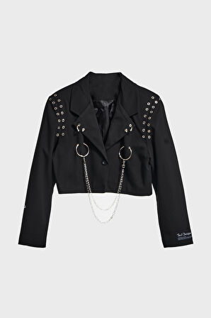 Kadın Siyah Renk Kuş Gözü Detaylı Crop Fit Özel Tasarım Kumaş Ceket