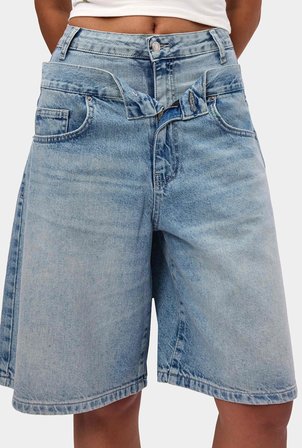 Kadın Kot Rengi 4s6-32 Baggy Fit Yüksek Bel Tasarım Denim Bermuda Şort