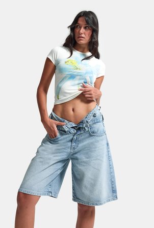 Kadın Kot Rengi 4s6-32 Baggy Fit Yüksek Bel Tasarım Denim Bermuda Şort