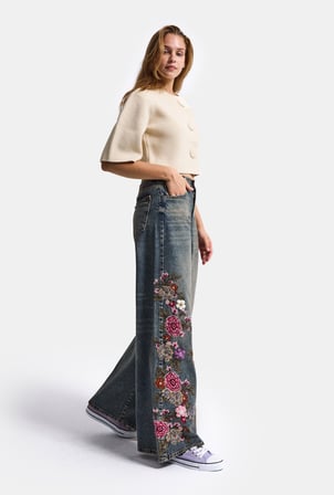 Kadın Kot Renk 4w6-8 Palazzo Fit Nakış ve 3D Gül Detaylı Özel Tasarım Denim Jean