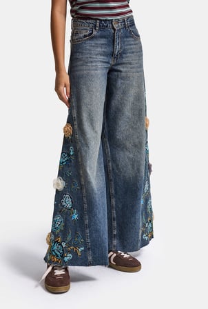 Kadın Koyu Kot 4w6-8 Palazzo Fit Nakış ve 3D Gül Detaylı Özel Tasarım Denim Jean