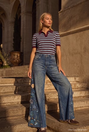 Kadın Koyu Kot 4w6-8 Palazzo Fit Nakış ve 3D Gül Detaylı Özel Tasarım Denim Jean