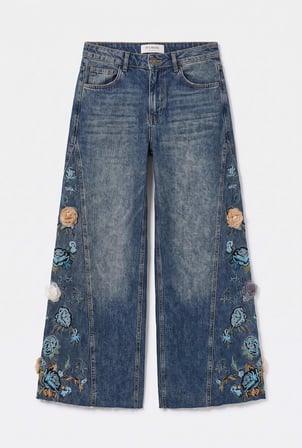 Kadın Koyu Kot 4w6-8 Palazzo Fit Nakış ve 3D Gül Detaylı Özel Tasarım Denim Jean