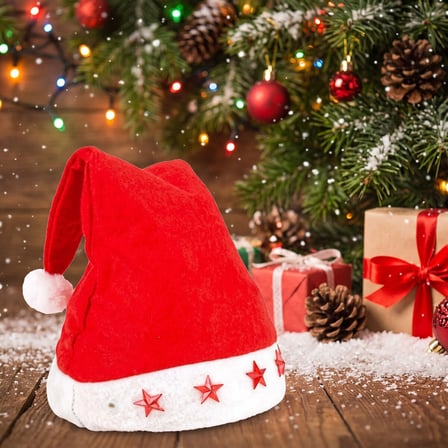 LED Işıklı Noel Baba Şapkası – Kırmızı Beyaz Peluş, Yıldız Işıklı Yılbaşı Parti Aksesuarı