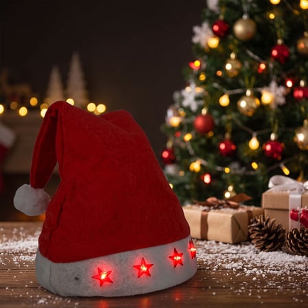 LED Işıklı Noel Baba Şapkası – Kırmızı Beyaz Peluş, Yıldız Işıklı Yılbaşı Parti Aksesuarı