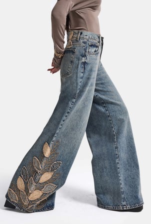 Kadın Koyu Kot 4w6-8 Palazzo Fit Özel Nakış Desenli Tasarım Denim Jean