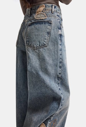 Kadın Koyu Kot 4w6-8 Palazzo Fit Özel Nakış Desenli Tasarım Denim Jean
