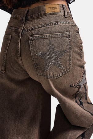 Kadın Kahve Kot Rengi T-4w6-88 Palazzo Fit Özel Taş Tasarım Denim Jean