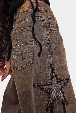Kadın Kahve Kot Rengi T-4w6-88 Palazzo Fit Özel Taş Tasarım Denim Jean