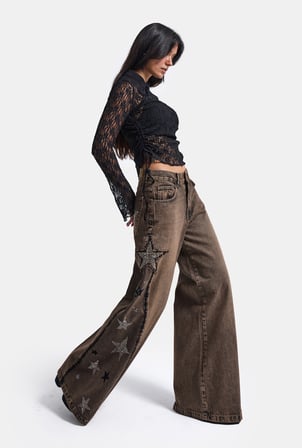 Kadın Kahve Kot Rengi T-4w6-88 Palazzo Fit Özel Taş Tasarım Denim Jean