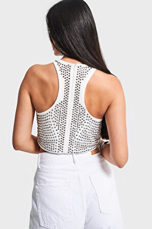 Kadın Ekru Renk Halter Yaka Parlak Yapıştırma Taşlı Tasarım Crop Top