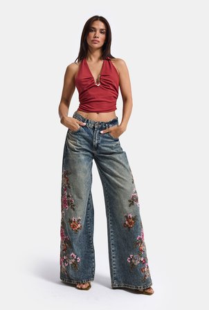 Kadın Tint 4w6-8 Palazzo Fit Özel Çiçek Nakış Tasarım Denim Jean