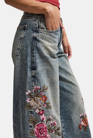 Kadın Tint 4w6-8 Palazzo Fit Özel Çiçek Nakış Tasarım Denim Jean
