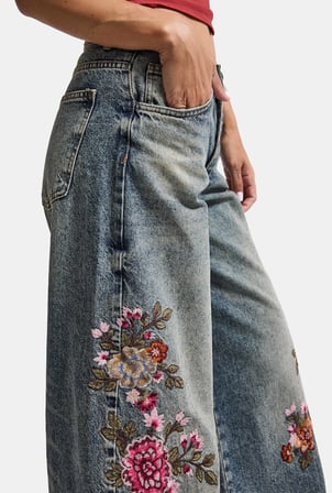 Kadın Tint 4w6-8 Palazzo Fit Özel Çiçek Nakış Tasarım Denim Jean
