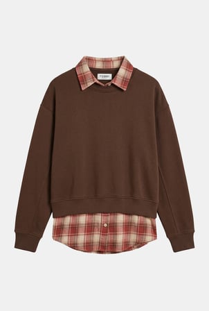 Kadın Kahve w6-81 Oversize Ekose Gömlek Detaylı Tasarım Sweatshirt