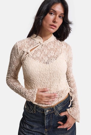Kadın Bej w6-101 Crop Dantelli Transparan Çift Parça Tasarım Bluz