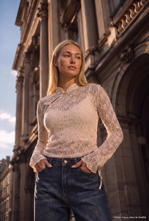 Kadın Bej w6-101 Crop Dantelli Transparan Çift Parça Tasarım Bluz
