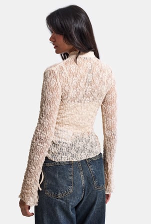 Kadın Bej w6-101 Crop Dantelli Transparan Çift Parça Tasarım Bluz