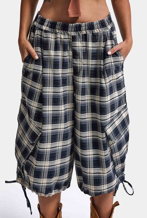 Kadın Laci Ekose W6-56 Maxi Kargo Cep Tasarım Bermuda Şort