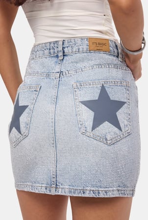Kadın Ice T-4s6-3 Straight Mini Parlak Taşlı Tasarım Denim Etek