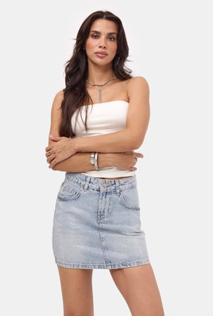 Kadın Ice T-4s6-3 Straight Mini Parlak Taşlı Tasarım Denim Etek