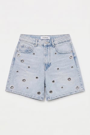 Kadın Kot Rengi 4s6-3 Relax Mom Kuş Gözü Detaylı Tasarım Denim Şort